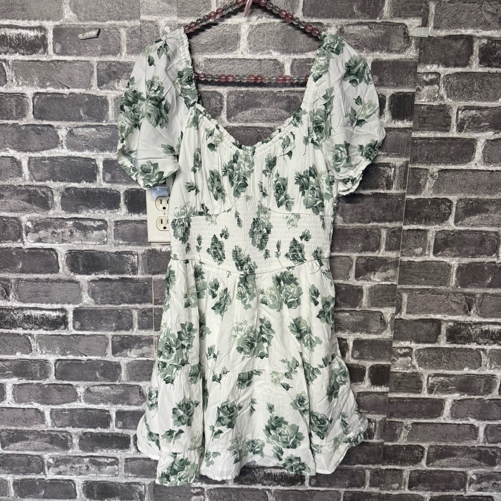 Hollister mini dress white green floral smocked